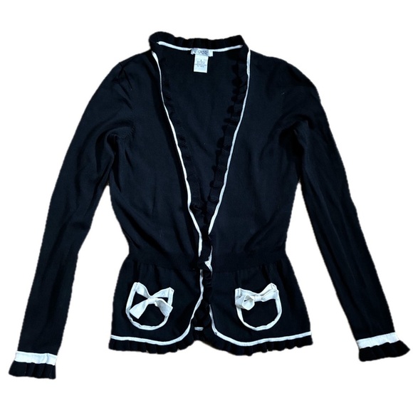 Cache Tops - Vintage Cache Black White Lightweight Cardigan  Top Small Ruffle Trim Retro Twee